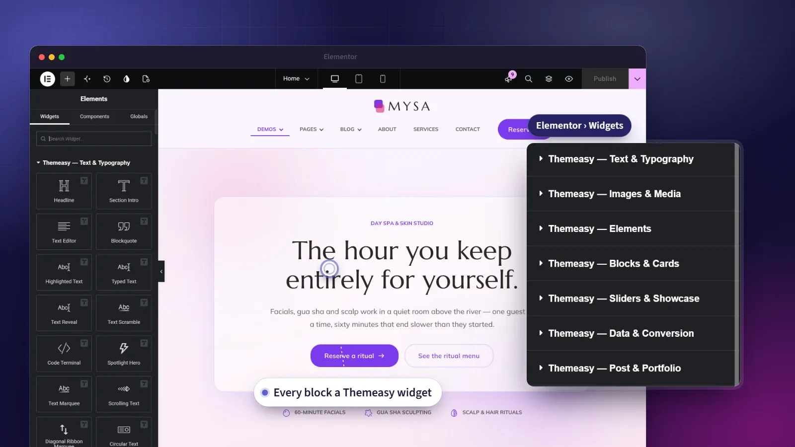 The Elementor editor with the Themeasy widget categories in the panel, editing a page built entirely from Themeasy widgets