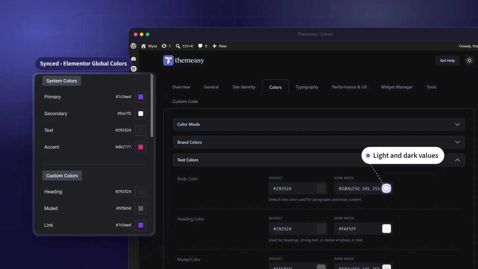 Light and dark color values in the Themeasy panel, synced into Elementor's Global Colors