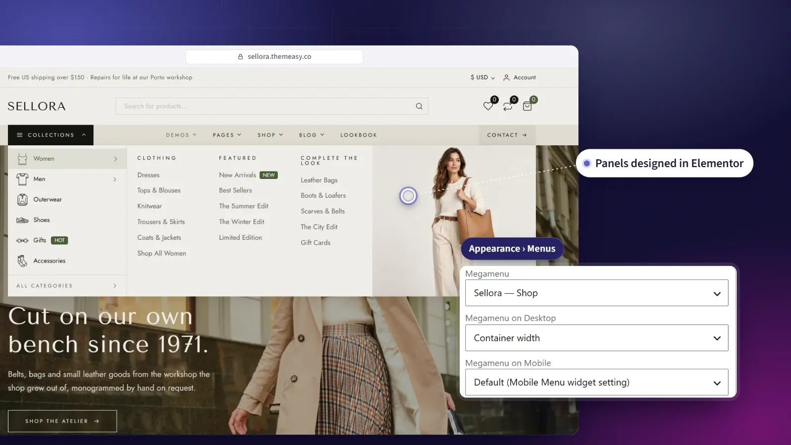 A Themeasy mega menu open on the Sellora demo, with link columns and a featured image, beside the mega menu settings of a menu item
