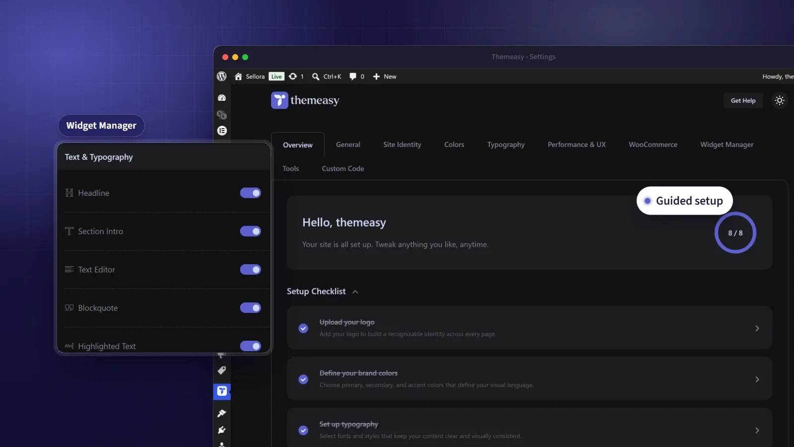 The Overview of the Themeasy settings panel with its setup checklist, beside the Widget Manager
