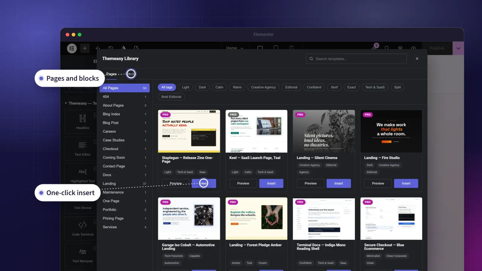 The Themeasy Library open in the Elementor editor, with page templates ready to insert