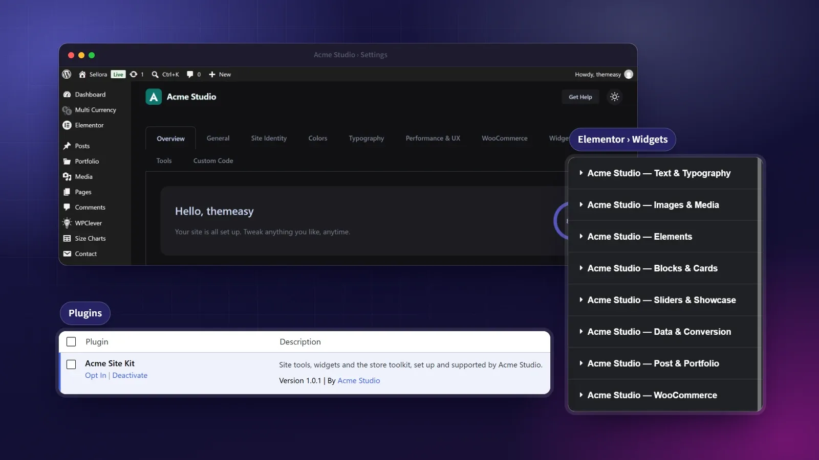 The Themeasy admin, the Plugins list and the Elementor widget categories rebranded for Acme Studio, a sample agency