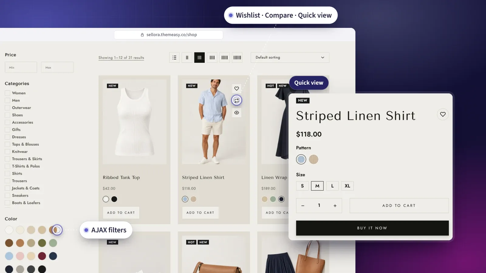 A Themeasy shop page with AJAX filters, a catalog toolbar and product cards, beside the quick view of a product